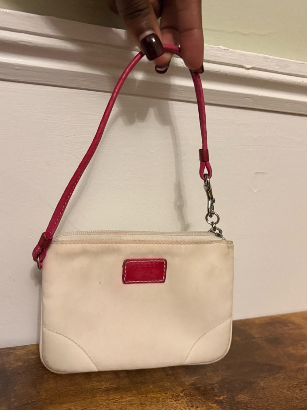 Coach White & Pink Signature Print Zip Wristlet Pouch